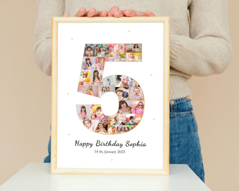 May include: A white photo collage in a wooden frame. The collage is shaped like the number 5 and is made up of photos of a young girl. The text "Happy Birthday Sophia 14th January 2025" is printed below the collage.