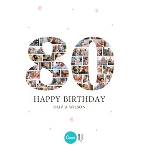 Może przedstawiać: Fotokolaż w kształcie liczby 80, złożony z wielu mniejszych zdjęć os&oacute;b. Tekst "Happy Birthday Olivia Wilson" znajduje się pod liczbą.