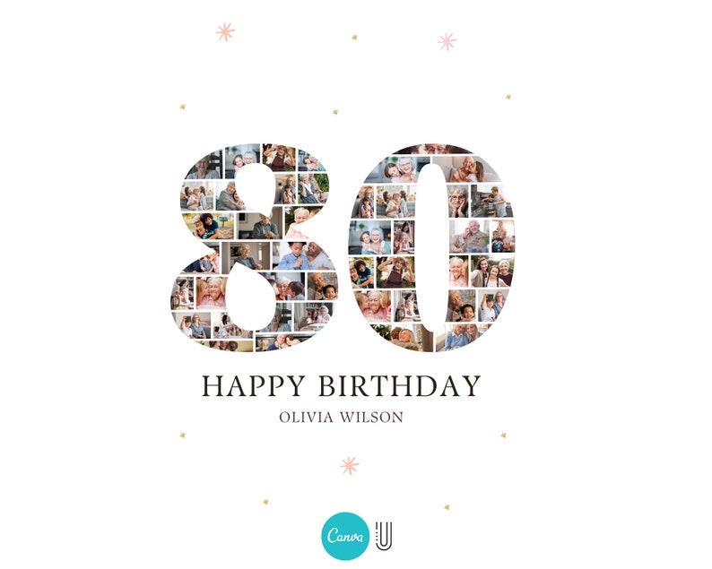 Może przedstawiać: Fotokolaż w kształcie liczby 80, złożony z wielu mniejszych zdjęć os&oacute;b. Tekst "Happy Birthday Olivia Wilson" znajduje się pod liczbą.