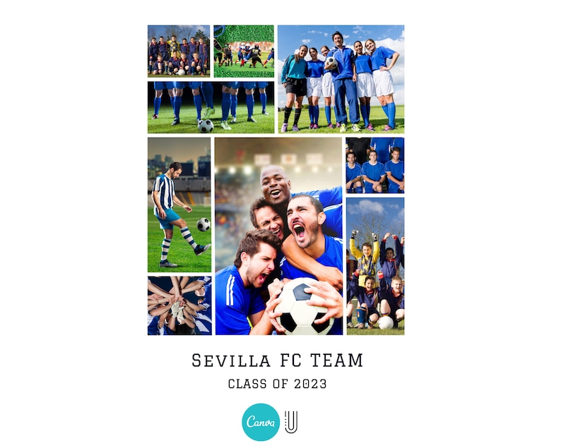 Pode incluir: Uma colagem de fotos com um time de futebol, com o texto "Sevilla FC Team Class of 2023" na parte inferior.