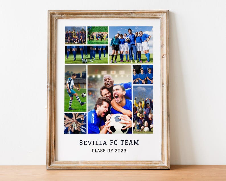 Pode incluir: Uma colagem emoldurada de fotos de um time de futebol, com o nome do time "Sevilla FC Team" e o ano "Class of 2023" impresso abaixo das fotos.