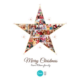 May include: A gold star-shaped collage of family photos with the text "Merry Christmas from Wilson family" below. The star is filled with photos of people smiling and celebrating Christmas.
