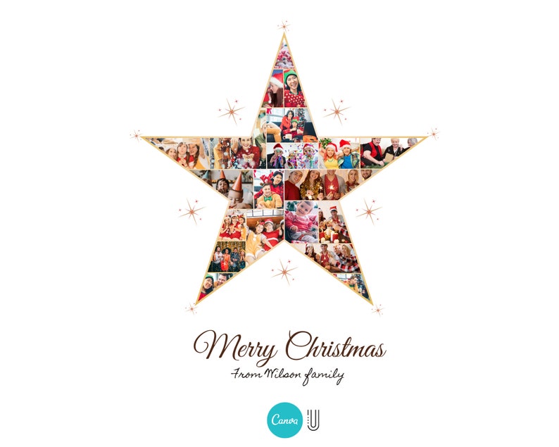 May include: A gold star-shaped collage of family photos with the text "Merry Christmas from Wilson family" below. The star is filled with photos of people smiling and celebrating Christmas.