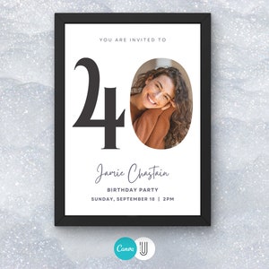 May include: A white invitation card with black text and a photo of a woman. The text reads "You are invited to 40 Jamie Chastain Birthday Party Sunday, September 18 | 2PM".