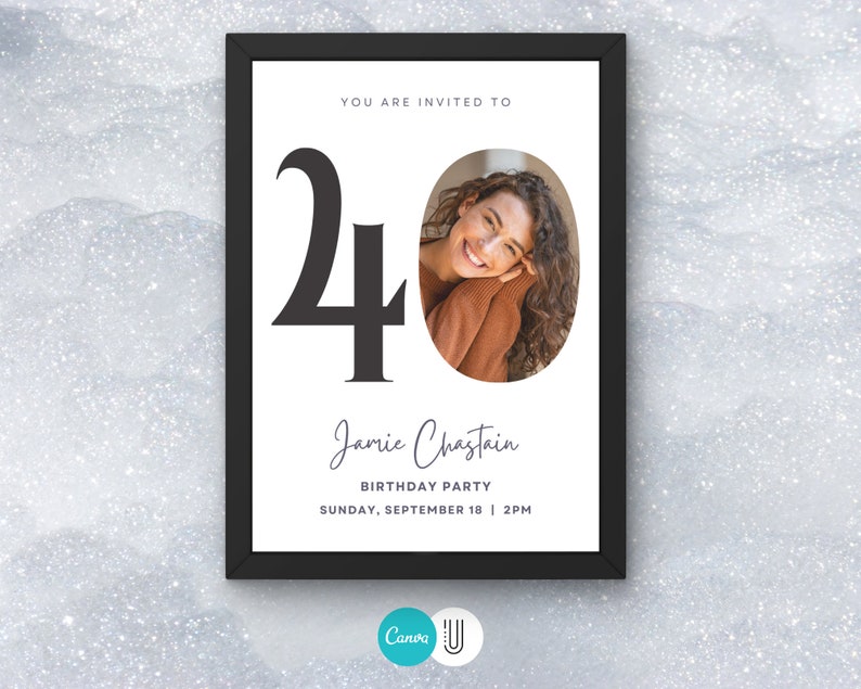 May include: A white invitation card with black text and a photo of a woman. The text reads "You are invited to 40 Jamie Chastain Birthday Party Sunday, September 18 | 2PM".