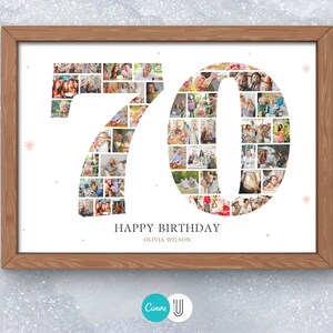 Puede incluir: Un collage de fotos enmarcado en un marco marr&oacute;n con fondo blanco. Los n&uacute;meros 70 est&aacute;n formados a partir de un collage de fotos. El texto "Happy Birthday Olivia Wilson" est&aacute; debajo de los n&uacute;meros.