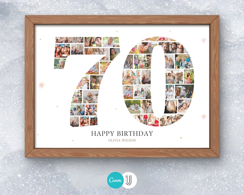 Puede incluir: Un collage de fotos enmarcado en un marco marr&oacute;n con fondo blanco. Los n&uacute;meros 70 est&aacute;n formados a partir de un collage de fotos. El texto "Happy Birthday Olivia Wilson" est&aacute; debajo de los n&uacute;meros.