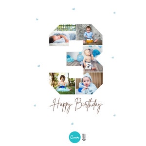 Op de afbeelding: Een collage van foto's van een babyjongen in een blauwe outfit, gerangschikt in de vorm van het cijfer 3. De foto's laten de baby zien terwijl hij slaapt, zit en speelt. De tekst "Happy Birthday" staat onder de collage.