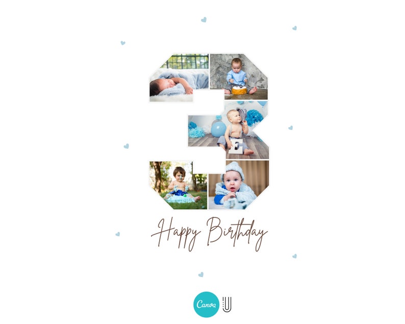 Op de afbeelding: Een collage van foto's van een babyjongen in een blauwe outfit, gerangschikt in de vorm van het cijfer 3. De foto's laten de baby zien terwijl hij slaapt, zit en speelt. De tekst "Happy Birthday" staat onder de collage.