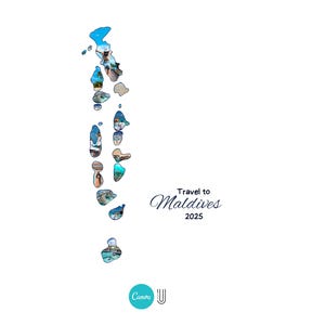 Może przedstawiać: Na białym tle stylizowana mapa Malediw&oacute;w, złożona z kolorowych obraz&oacute;w. Tekst "Travel to Maldives 2025" jest napisany kursywą. Logo Canva znajduje się w lewym dolnym rogu obrazu.