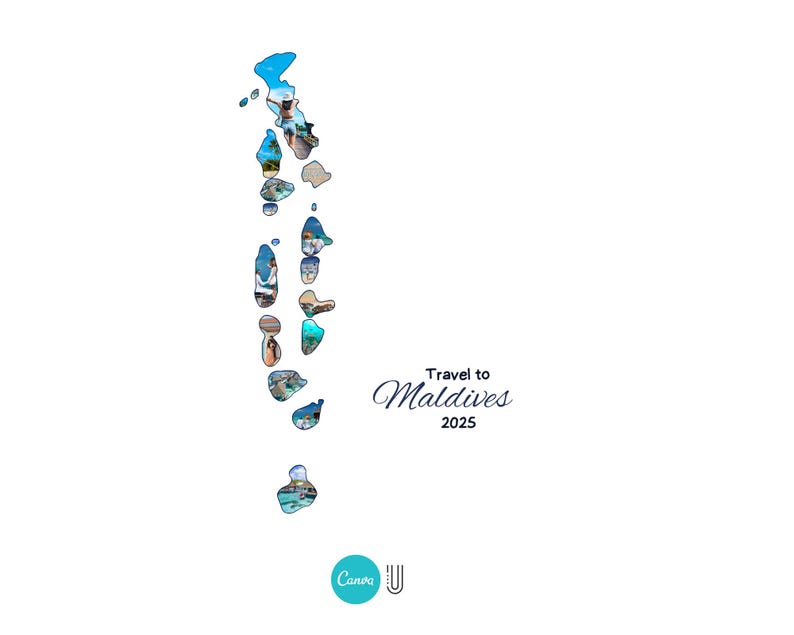 Może przedstawiać: Na białym tle stylizowana mapa Malediw&oacute;w, złożona z kolorowych obraz&oacute;w. Tekst "Travel to Maldives 2025" jest napisany kursywą. Logo Canva znajduje się w lewym dolnym rogu obrazu.