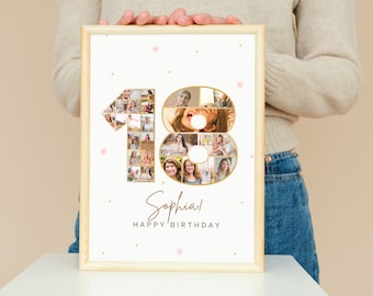 Plantilla de collage de fotos para cumpleaños número 18, collage con el número 18, collage de cumpleaños número 18, regalo personalizado para ella, cumpleaños número 18, collage de números, plantilla de Canva