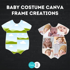 May include: Two white baby onesies with photo frames. The onesie on the left has a blue and green landscape design. The onesie on the right has a collage of baby photos.