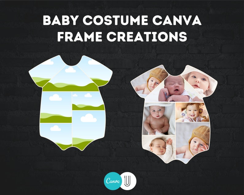 May include: Two white baby onesies with photo frames. The onesie on the left has a blue and green landscape design. The onesie on the right has a collage of baby photos.