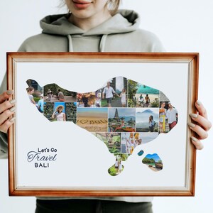 May include: A framed collage of photos depicting various scenes from Bali, Indonesia. The collage is shaped like the island of Bali and includes the text "Let's Go Travel Bali".