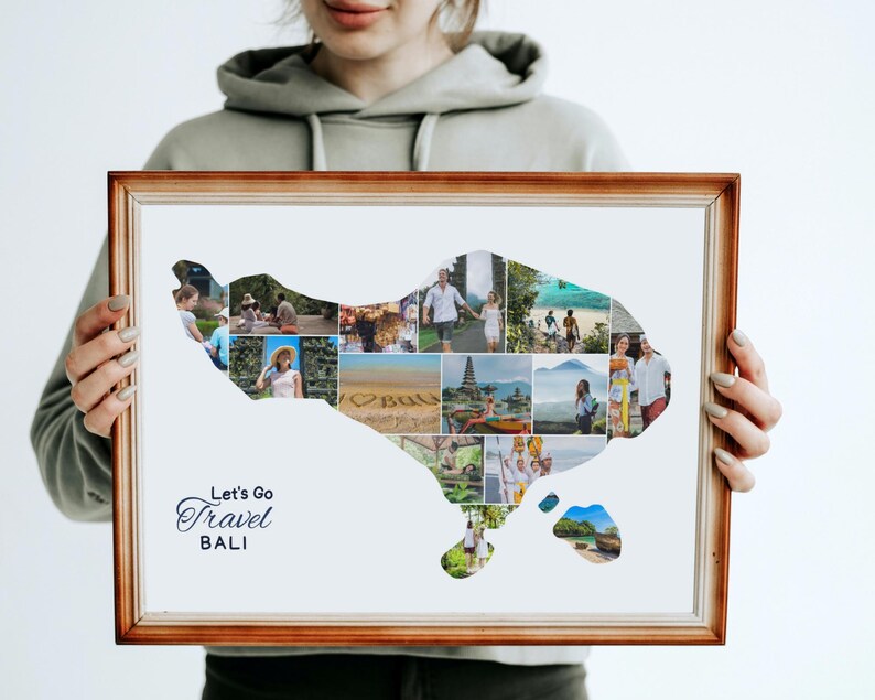 May include: A framed collage of photos depicting various scenes from Bali, Indonesia. The collage is shaped like the island of Bali and includes the text "Let's Go Travel Bali".