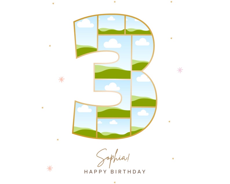 Pu&ograve; includere: Un numero tre dorato su sfondo bianco. Il numero &egrave; composto da piccoli quadrati con immagini di colline verdi e cieli azzurri. Il testo "Sophia! Buon compleanno" &egrave; sotto il numero.