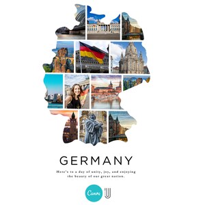 May include: A collage of images depicting various landmarks and scenes from Germany, including a woman holding a German flag, a view of the city of Berlin, and a castle. The images are arranged in the shape of the country's outline. The text "GERMANY" is displayed below the collage, along with the phrase "Here's to a day of unity, joy, and enjoying the beauty of our great nation."