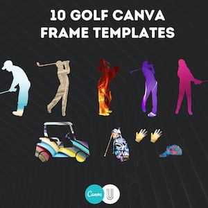 May include: 10 Golf Canva Frame Templates.  Silhouettes of golfers in various poses, a golf cart, a golf bag, and golf gloves.  The silhouettes are filled with colorful patterns.