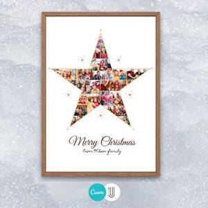 May include: A white background with a gold star made of photos. The star has a gold outline and the text "Merry Christmas from Wilson family" is written below the star.