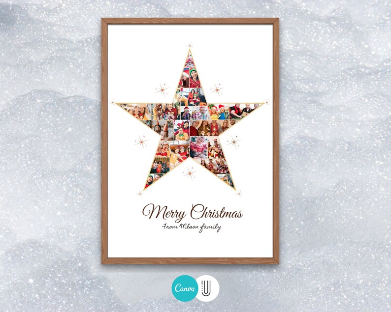 May include: A white background with a gold star made of photos. The star has a gold outline and the text "Merry Christmas from Wilson family" is written below the star.