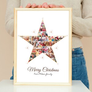 May include: A framed print with a gold star shape made of a collage of family photos. The star is surrounded by gold glitter. The text "Merry Christmas from McLean family" is at the bottom of the print.