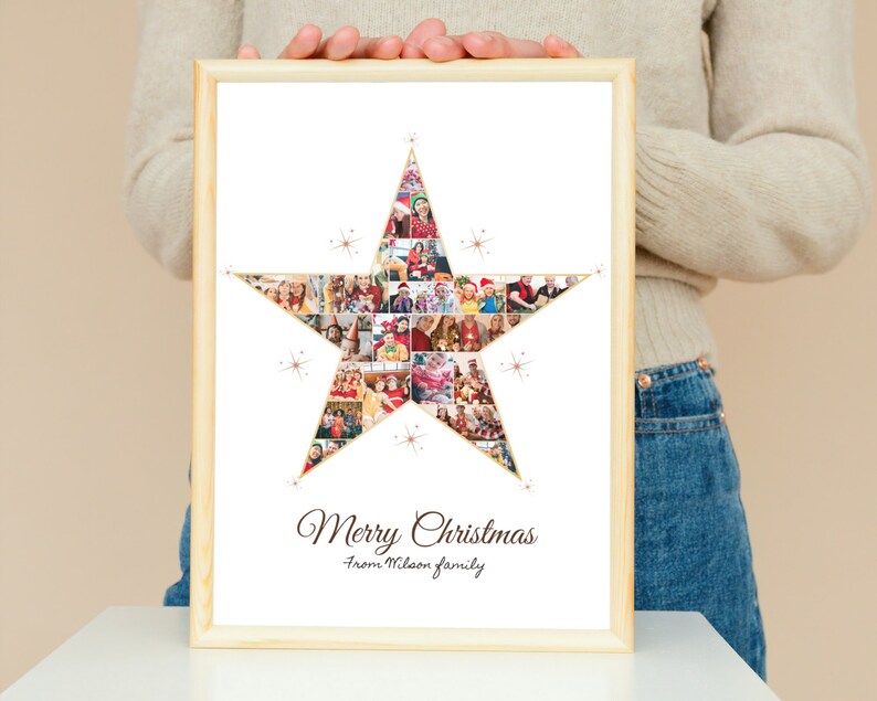 May include: A framed print with a gold star shape made of a collage of family photos. The star is surrounded by gold glitter. The text "Merry Christmas from McLean family" is at the bottom of the print.