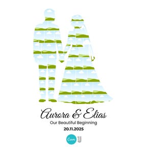 K&ouml;nnte beinhalten: Grafik zum Thema Hochzeit mit Silhouetten eines Paares, das sich an den H&auml;nden h&auml;lt und mit Landschaftsbildern gef&uuml;llt ist. Der Text "Aurora & Elias" steht &uuml;ber "Our Beautiful Beginning" und dem Datum "20.11.2025". Unten befindet sich ein Canva-Logo.