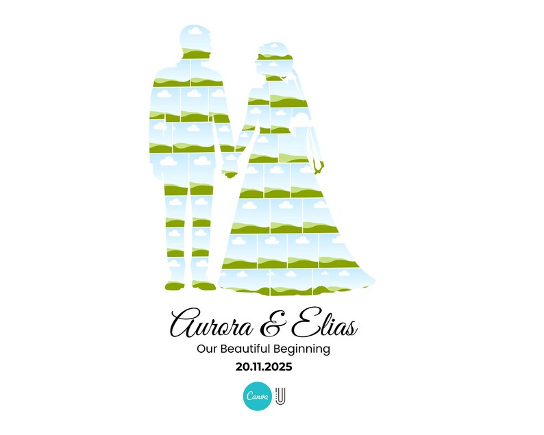 K&ouml;nnte beinhalten: Grafik zum Thema Hochzeit mit Silhouetten eines Paares, das sich an den H&auml;nden h&auml;lt und mit Landschaftsbildern gef&uuml;llt ist. Der Text "Aurora & Elias" steht &uuml;ber "Our Beautiful Beginning" und dem Datum "20.11.2025". Unten befindet sich ein Canva-Logo.