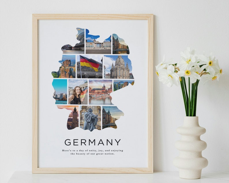May include: A framed print of a collage of images of Germany, arranged in the shape of the country's outline. The collage includes iconic landmarks, scenic views, and a photo of a person. The text "GERMANY" and a quote about unity and joy are printed below the collage.
