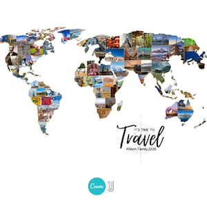 K&ouml;nnte beinhalten: Eine Weltkarte aus Reisefotos. Die Worte "It's Time to Travel" sind kursiv geschrieben, darunter steht "Wilson Family, 2026". Ein t&uuml;rkisfarbenes Canva-Logo befindet sich unten links.