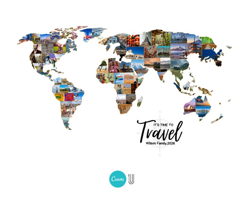 K&ouml;nnte beinhalten: Eine Weltkarte aus Reisefotos. Die Worte "It's Time to Travel" sind kursiv geschrieben, darunter steht "Wilson Family, 2026". Ein t&uuml;rkisfarbenes Canva-Logo befindet sich unten links.
