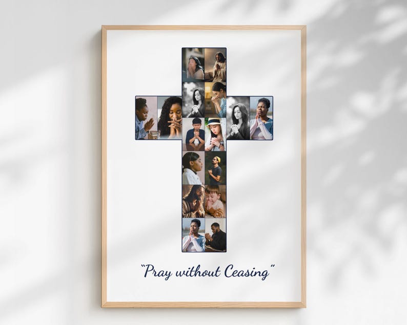 Christian Cross Photo Collage Template Canva PDF  Memorial Collage Bible Verse 1 Thessalonians