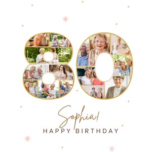 May include: A gold-framed collage of photos in the shape of the number 80. The photos feature a group of people, likely a family, celebrating a birthday. The text "Sophia! Happy Birthday" is written below the collage.