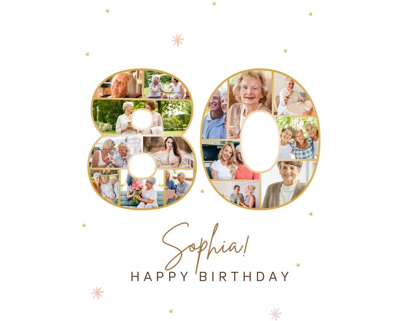 May include: A gold-framed collage of photos in the shape of the number 80. The photos feature a group of people, likely a family, celebrating a birthday. The text "Sophia! Happy Birthday" is written below the collage.