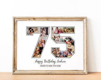 Puede incluir: Un collage de fotos enmarcado en blanco para una celebración de cumpleaños número 75. El número 75 está hecho de fotos de personas. El texto "Happy Birthday Andrew" y "Cheers to your 75th year!" está impreso debajo del collage.
