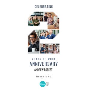 以下が含まれることがあります： アンドリュー・ロバートのMerck & Co.での2周年記念を祝う写真のコラージュ。コラージュは数字の2の形をしており、アンドリューと彼の同僚の写真が掲載されています。