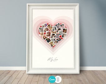 Heart Photo Collage Frame, Wedding, Anniversary Gift (Canva Template)