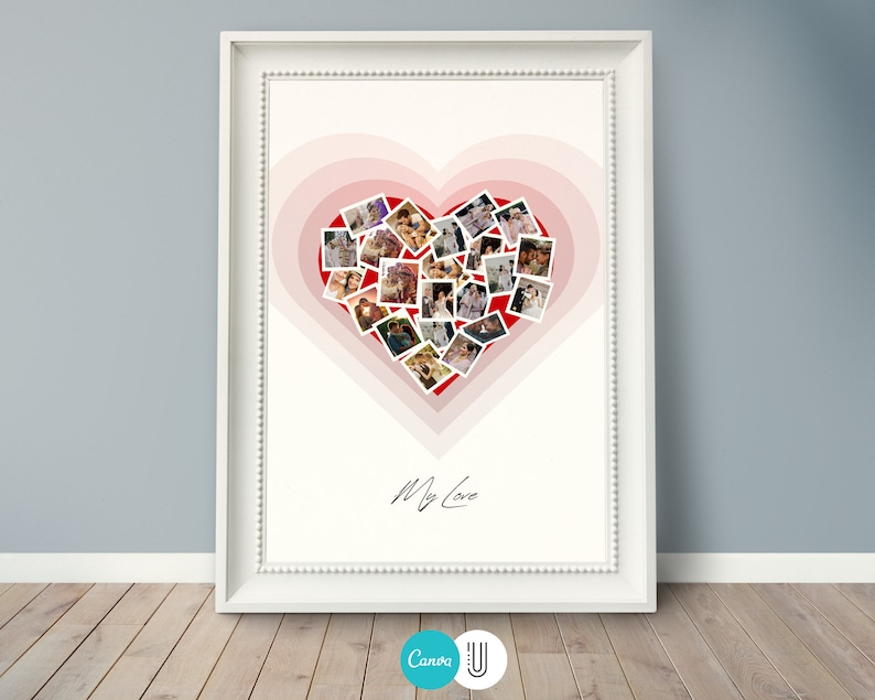 May include: A white frame containing a red heart filled with smaller photographs. The heart is surrounded by concentric circles of pink. The text "My Love" is written in black below the heart.
