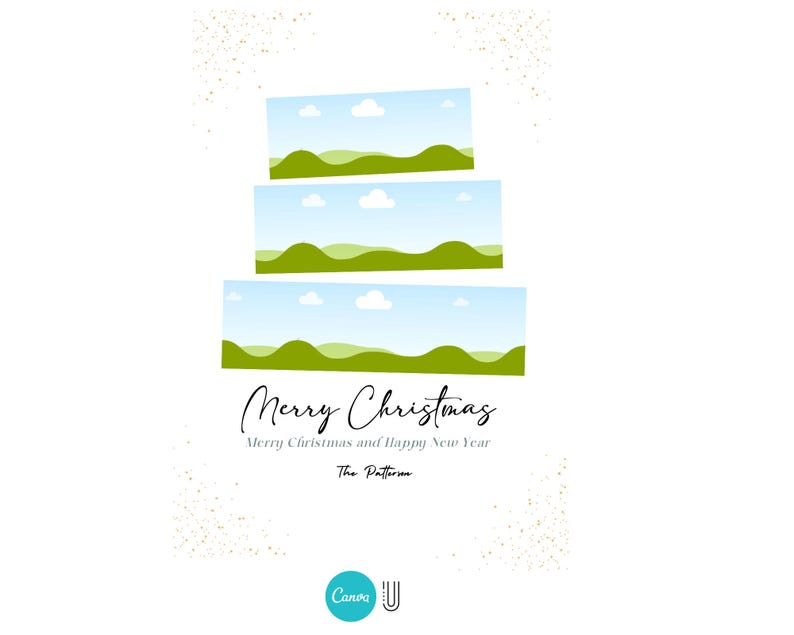 May include: A Christmas card with a green and blue layered cake design. The text reads "Merry Christmas" and "Merry Christmas and Happy New Year". The bottom of the card says "The Patterson".