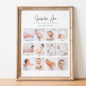 Modèle de collage photo bébé, collage photo imprimable, cadeau pour bébé, affiche modifiable de collage photo d'étape importante, collage photo première année de bébé