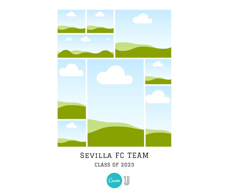 Pode incluir: Uma colagem de colinas verdes e c&eacute;us azuis com nuvens brancas. O texto "SEVILLA FC TEAM CLASS OF 2023" est&aacute; na parte inferior da imagem. O logotipo da Canva est&aacute; no canto inferior direito.
