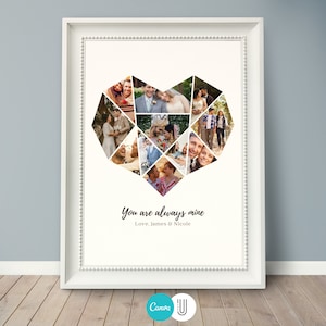 May include: A white framed print featuring a geometric heart-shaped collage of photographs of a couple. The text "You are always mine" and "Love, James & Nicole" is printed below the collage.