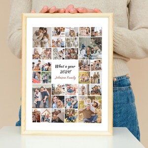 May include: A collage of family photos in a wooden frame. The photos are arranged in a grid pattern and show a variety of people, including children, adults, and a dog. The text "What a year 2024! Johnston Family" is printed at the bottom of the collage.