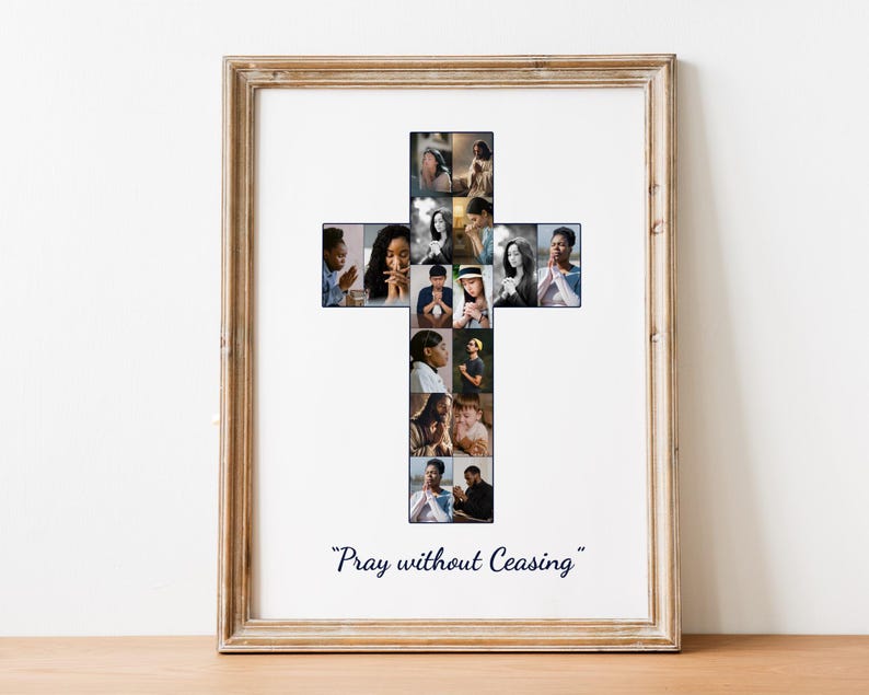 Christian Cross Photo Collage Template Canva PDF  Memorial Collage Bible Verse 1 Thessalonians