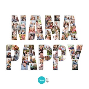 K&ouml;nnte beinhalten: Eine Fotocollage aus Familienfotos, die "NANA PAPPY" buchstabieren. Die Fotos sind in verschiedenen Altersstufen und Gr&ouml;&szlig;en und in einem Raster angeordnet. Die Collage ist eine gro&szlig;artige M&ouml;glichkeit, Gro&szlig;eltern zu feiern und ihnen zu zeigen, wie sehr sie geliebt werden.