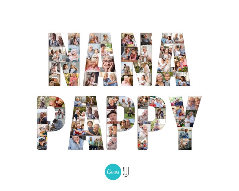 K&ouml;nnte beinhalten: Eine Fotocollage aus Familienfotos, die "NANA PAPPY" buchstabieren. Die Fotos sind in verschiedenen Altersstufen und Gr&ouml;&szlig;en und in einem Raster angeordnet. Die Collage ist eine gro&szlig;artige M&ouml;glichkeit, Gro&szlig;eltern zu feiern und ihnen zu zeigen, wie sehr sie geliebt werden.