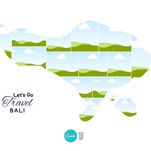 May include: A stylized illustration of the island of Bali, made up of multiple squares with images of green hills and blue skies with white clouds. The text "Let's Go Travel BALI" is below the image.