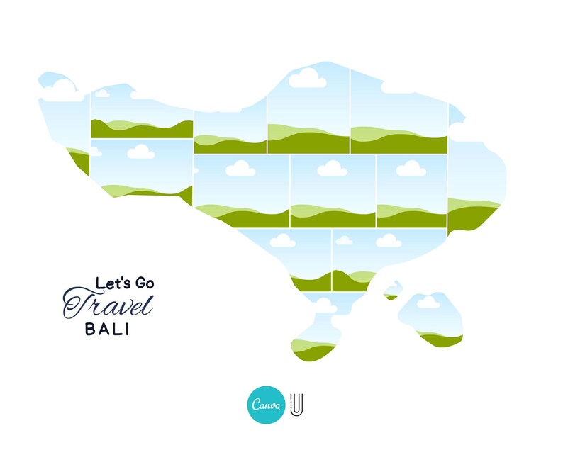 May include: A stylized illustration of the island of Bali, made up of multiple squares with images of green hills and blue skies with white clouds. The text "Let's Go Travel BALI" is below the image.