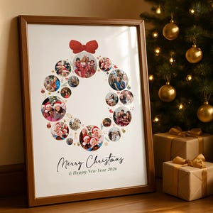 May include: A framed Christmas wreath photo collage with a red bow at the top. The wreath is composed of circular photos of people. The text "Merry Christmas & Happy New Year 2026" is written in script below the wreath.